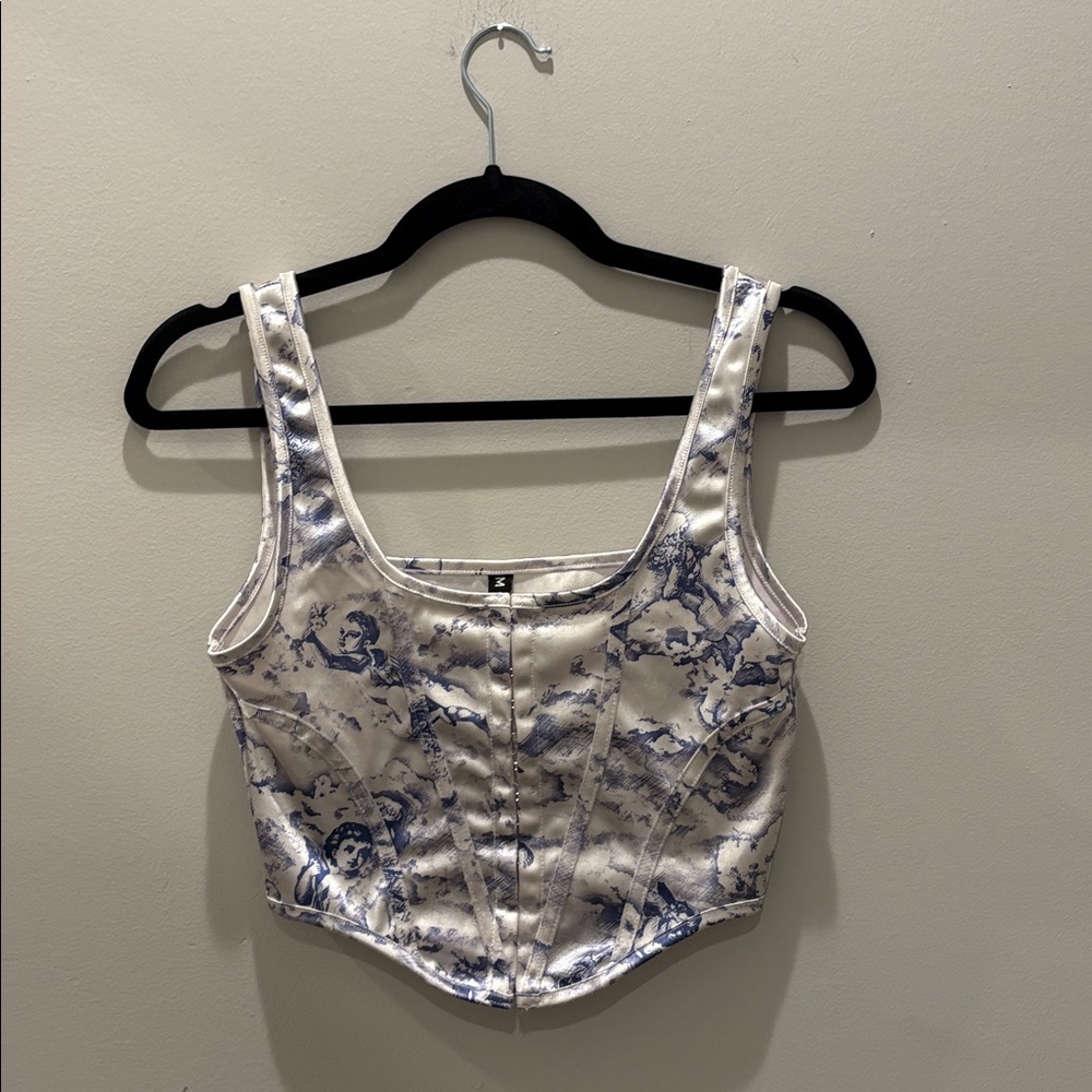 Blue and White Toile Patterned Corset Top